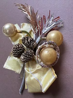 Vintage Christmas Corsage Pick GOLD Pine Cone Mercury Glass Balls Tinsel • $19.99