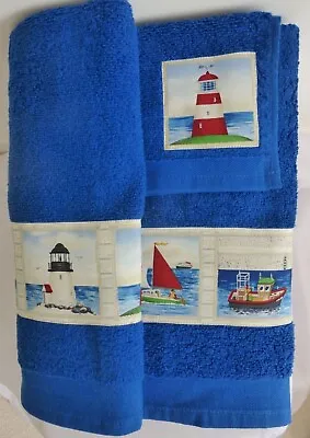 NAUTICAL Tug Fishing Boats Lighthouse - 3 Piece Bath Hand Towel & Face Cloth #1 • £19.95