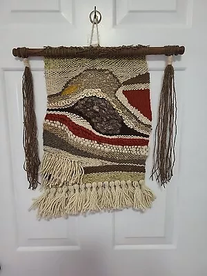 Vtg 70s Mid Century Wool Woven Wall Hanging Neutral Rust Yellow 20x20 • $25