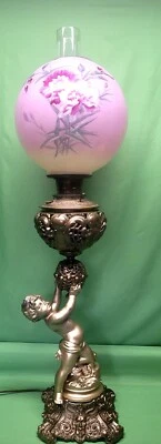 $369.99 • Buy Antique Vtg Cherub Parlor Banquet Oil Converted Electric Lamp Round Pink Globe