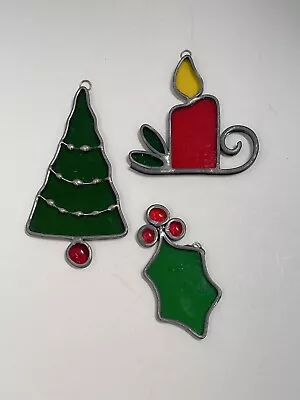 $14.90 • Buy Lot Of 3 VTG Stained Glass Suncatcher Christmas Ornaments Tree Candle Holly