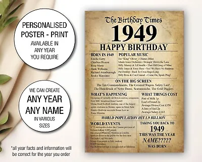 75th 1949 Birthday Present Gift Idea Poster Print Back In Edition Milestone  36 • £5.95