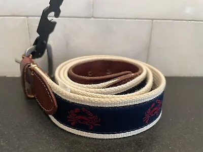 J. Crew Men’s Red Crab Navy Blue Ribbon Woven Canvas And Brown Leather Belt 40 • $16.99