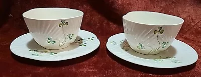 Lot Of Two Irish Vntg Belleek Shamrock/Shell Bowls & Saucers Green  Stamp 1980 • $35