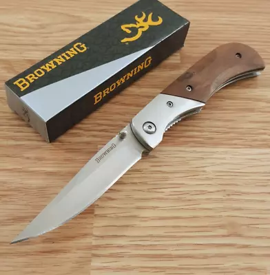 Browning Linerlock Folding Knife 3  Stainless Steel Blade Brown Pakkawood Handle • $17.99