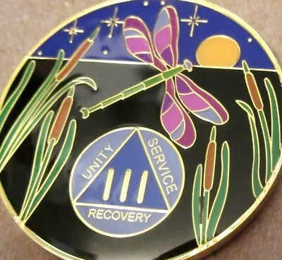 Black Gold Blue DragonFly Alcoholics Anonymous AA 3 Year Medallion Token Coin • $20.01