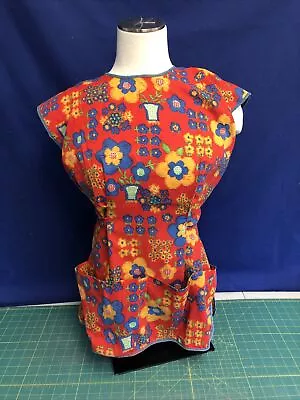 Vtg Handmade Apron Red Blue Yellow Floral Cotton Wrap Around House Dress Smock • $4.50
