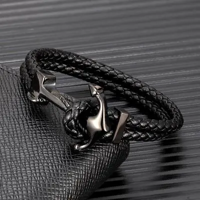 Men Leather Anchor Bracelet Stainless Steel Charm Bracelets Fashion Navy Gift • $9.35