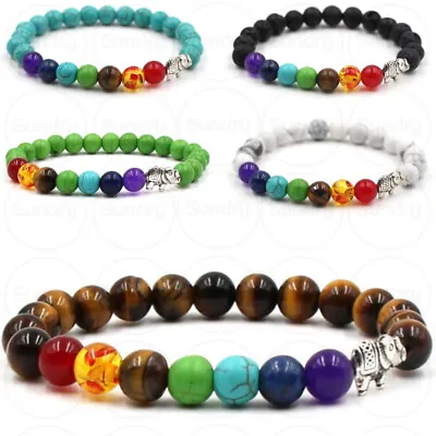 7 Chakra Elephant Reiki Ethnic Bracelet Elasticated Handmade Healing Stones Yoga • £4.99