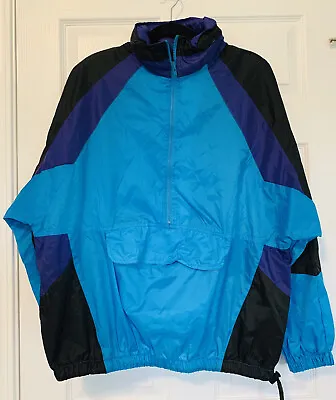 Vintage 90s Packable Windbreaker MTA Pro Anorak Teal Purple Black Colorblock L • $11