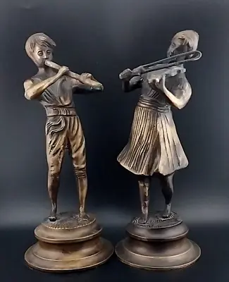 VTG Bronze Sculptures After Fonderia Lancini - Boy W/ Flute & Girl W/ Violin • $149