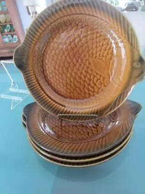 4 Vintage Sarreguemines  Majolica FISH Shape PLATES 2-Tone BROWN 9½ X11  France • $49.99