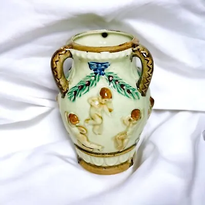 $19.99 • Buy Vintage Small Majolica 3 Handle Ceramic Vase Cherubs Angels Made In Japan