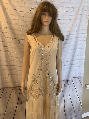 Unique Vintage Cream Sequin Margaux 1920s Art Deco Fringe Flapper Dress Large • $35