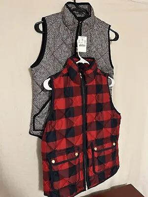 J Crew Lot Of 2 Zip Quilted Down Vests Size XS Herringbone &Buffalo Plaid NWT • $44.82