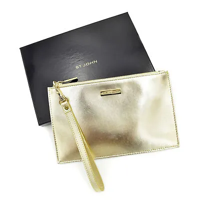 St. John Knits Gold Leather Wristlet/Clutch Small Purse Bag  W/ Box! • $89.99