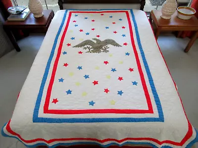 Vintage PATRIOTIC Feed Sack Applique Quilt W/ AMERICAN BALD EAGLE Of USA Shield • $15