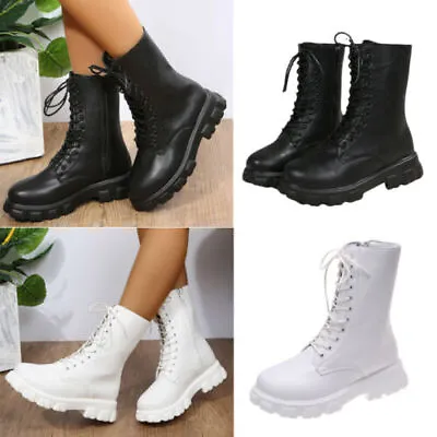Womens Ankle Boots Ladies Biker Chunky Zip Lace Up Army Combat Winter Shoes Size • £20.99
