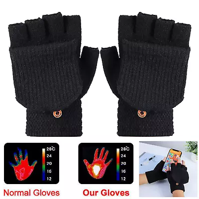 Men Women Winter Wool Knitted Gloves Convertible Fingerless Mittens Flap Cover • $7.15