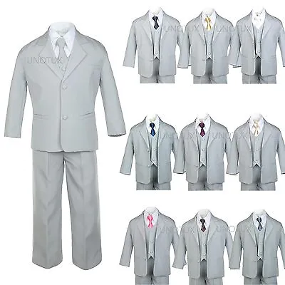 $64.98 • Buy Baby Toddler Teen Formal Tuxedo Boy Suit Gray + Tie 6PC Set 9 Color Pick Sz S-20