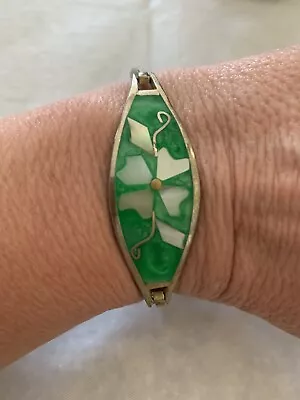 Vintage Alpaca Mexico Silver Inlay Abalone Mother Of Pearl Flower Cuff Bracelet  • $11