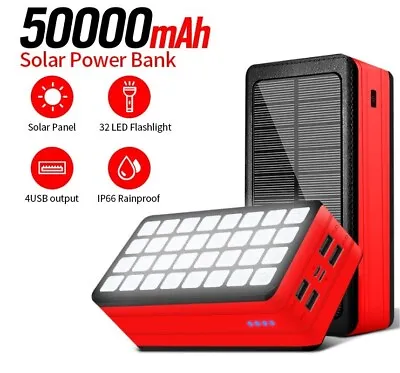 $74.90 • Buy 32LED Solar Power Bank With 4 USB Output 3 Light Modes 50000mAH High Capacity