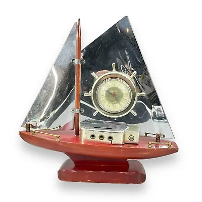 Sailing Ship Gibraltar Clock TV Lamp 1950s Vintage Wood Base With Tin Sails • $50