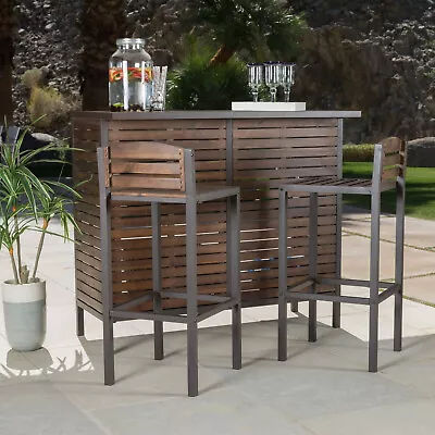 Outdoor Bistro Bar Set Patio Deck Storage Acacia Table Chairs Compact Durable • $509.43