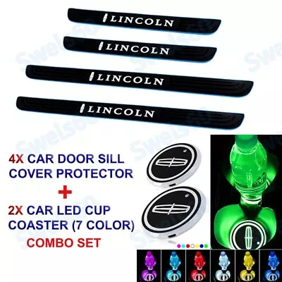 Blue B Car Door Scuff Sill Cover Panel Step Protector +LED Coaster For Lincoln • $26.75