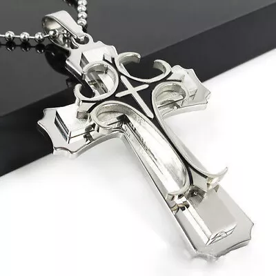 Mens Women Chain Necklace Cross Stainless Steel Pendant Crucifix Jesus Gift UK • £3.99