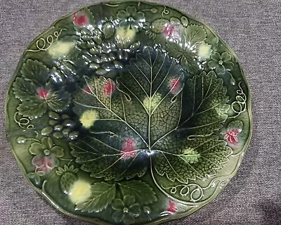 Rare Vintage Green Majolica Strawberry Leaves Dessert Stand Stunning! • $115