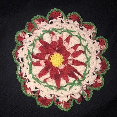 Vintage Mid Century Hand Crocheted Christmas Doily 7 R 3D Poinsettia Flower VGC • $9.95