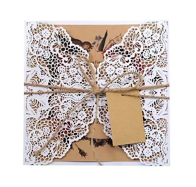 50x Romantic Lace Kraft Laser Cut Business Birthday Wedding Invitation Cards Set • £40.92