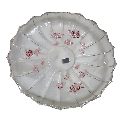 Mikasa Cut Crystal Serving Platter Pink Floral Walther Glass 12½  Round Box NOS • $36.95