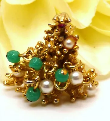 🌺 Vintage Gold Tone Unsigned 3D Christmas Tree W/Bead Dangles Brooch Pin • $3.25