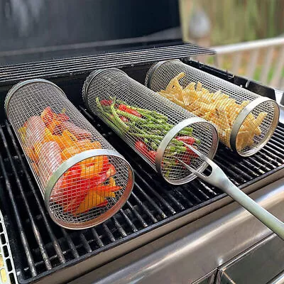 Round Rolling Grilling Basket Stainless Steel BBQ Mesh Camping Barbecue Rack • $11.15