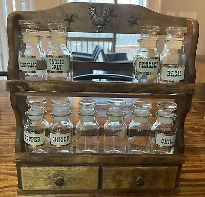 Vintage Wooden Spice Rack With 2 Drawers 10 Apothecary Type Spice Jars • $22