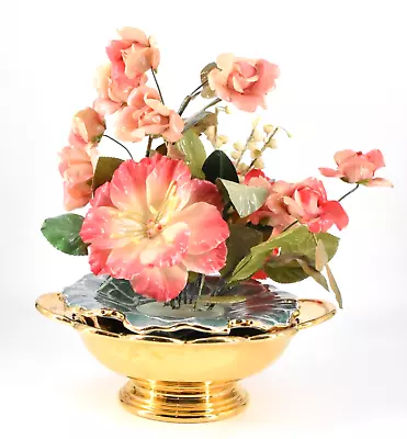 VTG Pink Flower Arrangement Centerpiece Italy Turquoise Gold Ceramic Dishes 14  • $85