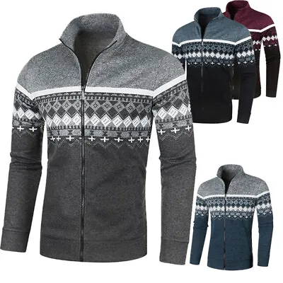 Mens Knitted Cardigan Jacket Pullover Zip Up Jumper Warm Thermo Fleece Lined • £12.99