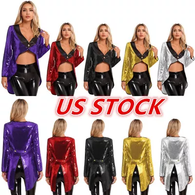 US Womens Shiny Sequins Magician Dress Jacket Coat Ringmaster Circus Tailcoat • $25.57