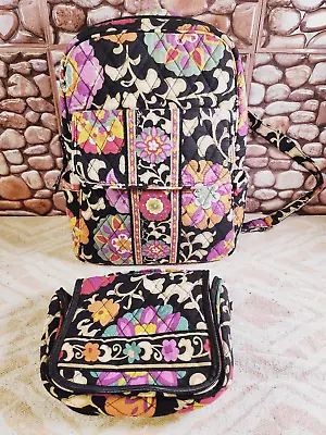 Vera Bradley Retired Suzani Backpack Quilted Black Floral With Cosmetic Bag • $30