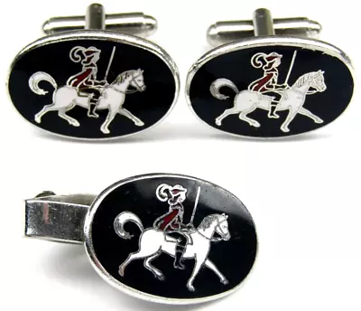 Cufflinks Tie Clip Set Cavalry Swordsman White Horse Men Formal Wear • $27.95