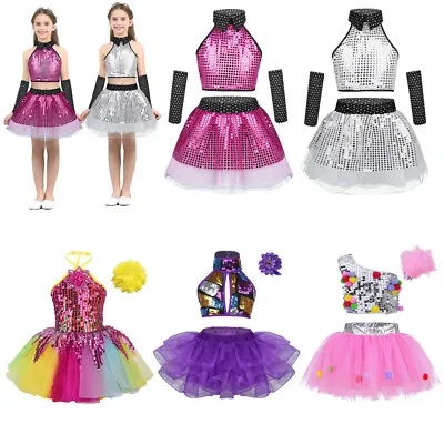 Girls Dance Dress Outfit Kid Sequins Modern Jazz Tap Ballroom Tutu Dance Costume • $27.49