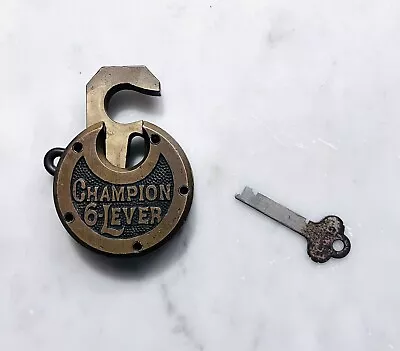 Antique Brass Champion 6-Lever Push Key Pancake Pad Lock W/Key • $32