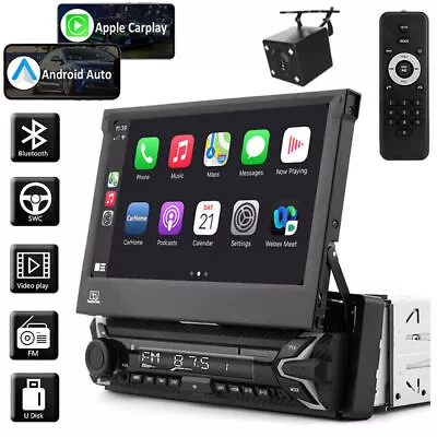 Single 1DIN 7  Flip Out Car Stereo BT CarPlay FM Radio Touch Screen MP5 Player • £79.99