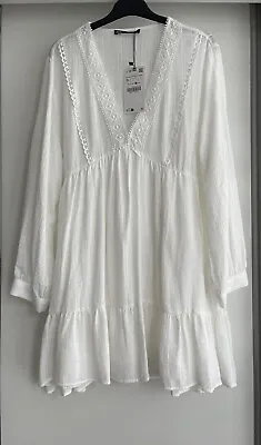 £29.99 • Buy Zara Oyster White V-neck Short Voluminous Cotton Blend Dress Size Xl Bnwt