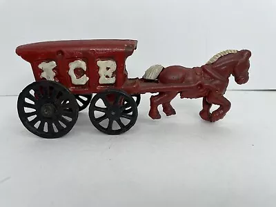 Vintage Cast Iron Metal Toy Red Horse Drawn ICE Cart Carriage Wagon • $19.99