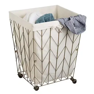 Honey-Can-Do Hamper Washable Cotton Liner Antique Bronze Rolling Steel Wire • $60.95