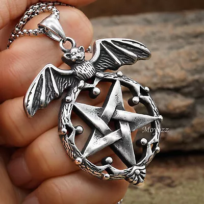 Stainless Steel Mens Gothic Wiccan Satanic Pentagram Bat Pendant Necklace Gift • $7.99