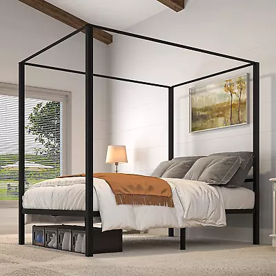 Black Metal 4 Poster Canopy Bed Frame With Headboard Mattress Foundation With W • $294.97